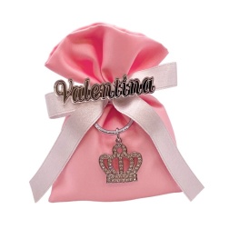Bomboniera compleanno portachiavi corona sacco rosa nome
